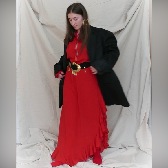 Vintage Sheer Red Ruffle Maxi Dress | Romantic 70s Style | Boho Evening Gown - Picture 6 of 7